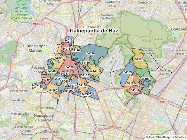 Mapa de códigos postales de Tlalnepantla de Baz, México