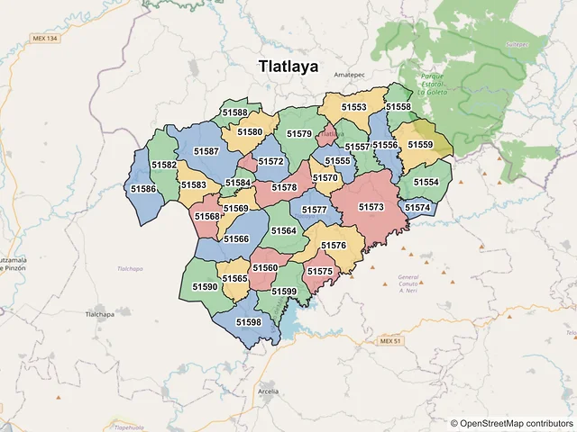 Mapa de códigos postales de Tlatlaya, México