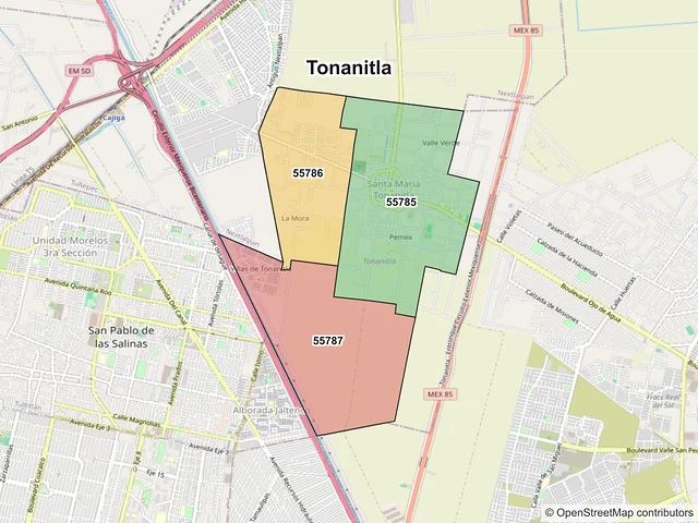 Mapa de códigos postales de Tonanitla, México