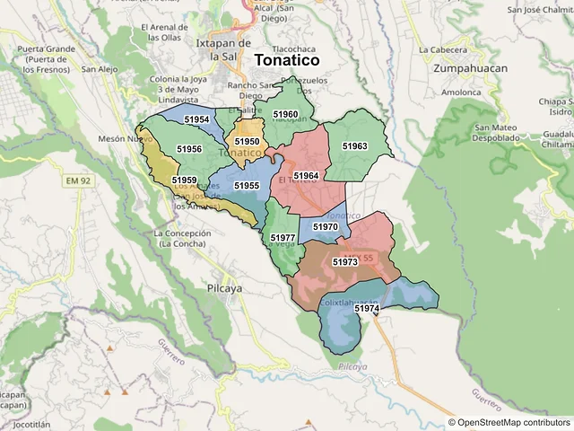 Mapa de códigos postales de Tonatico, México