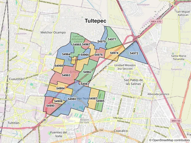 Mapa de códigos postales de Tultepec, México