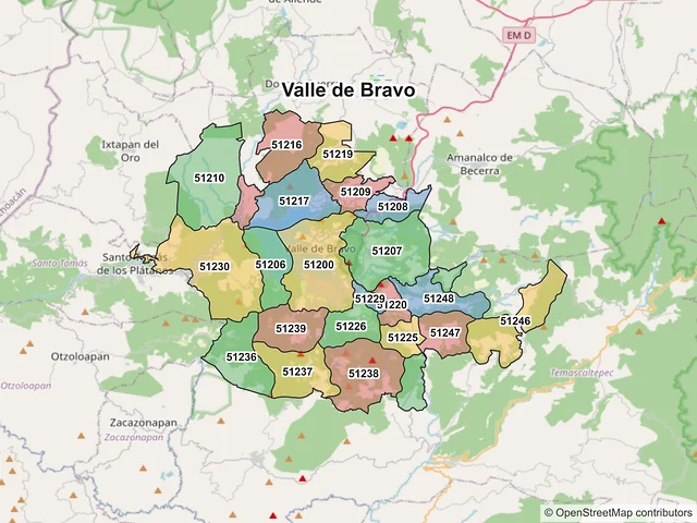 Mapa de códigos postales de Valle de Bravo, México