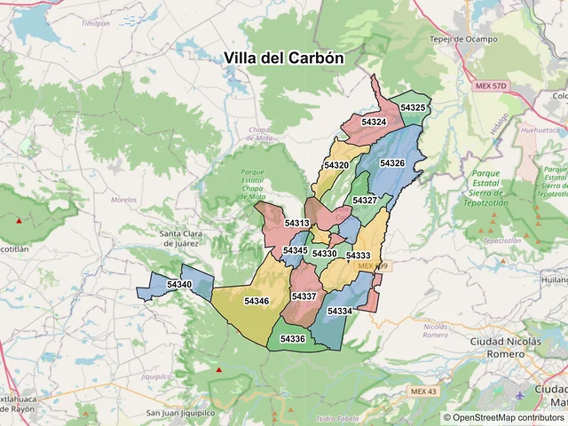 Mapa de códigos postales de Villa del Carbón, México
