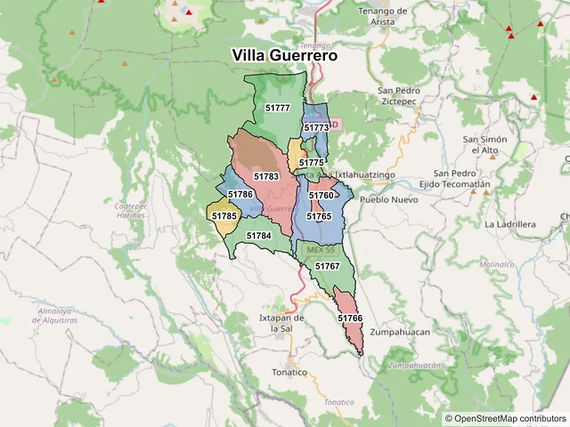 Mapa de códigos postales de Villa Guerrero, México