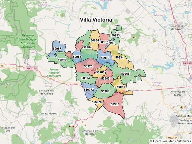 Mapa de códigos postales de Villa Victoria, México