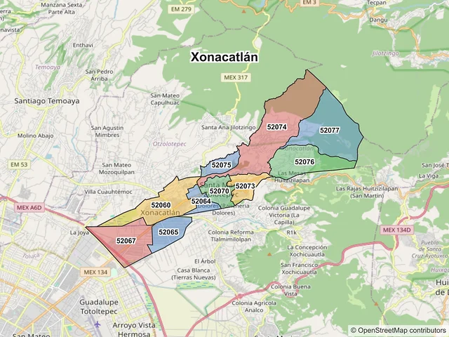 Mapa de códigos postales de Xonacatlán, México