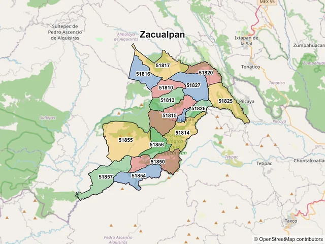 Mapa de códigos postales de Zacualpan, México