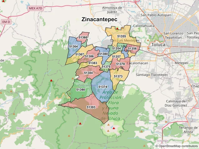 Mapa de códigos postales de Zinacantepec, México