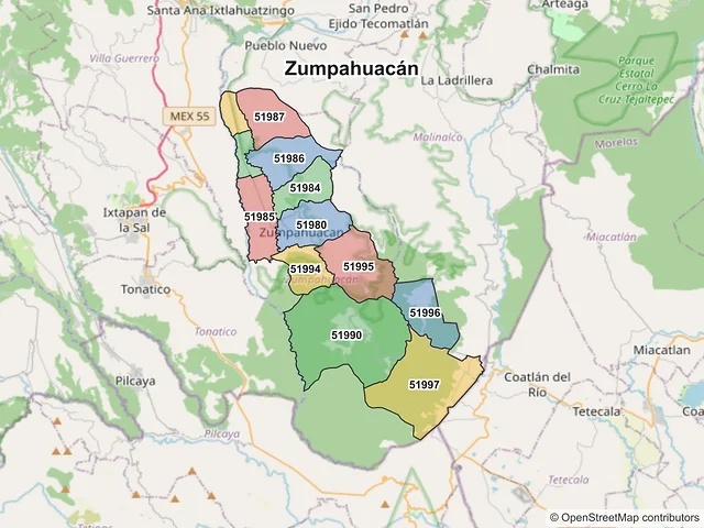 Mapa de códigos postales de Zumpahuacán, México