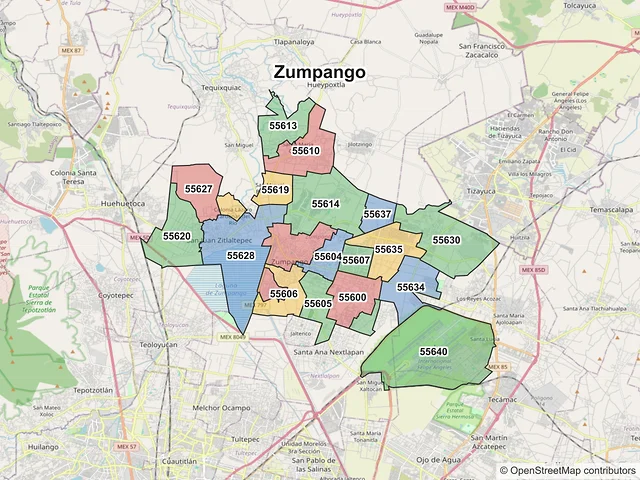 Mapa de códigos postales de Zumpango, México