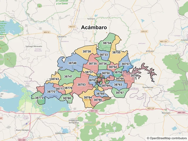 Mapa de códigos postales de Acámbaro, Guanajuato