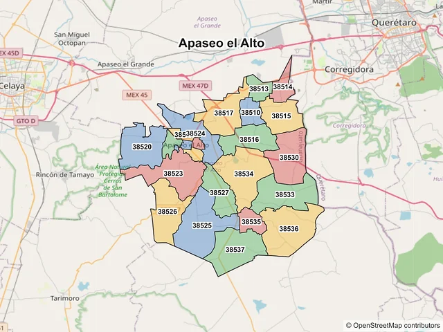 Mapa de códigos postales de Apaseo el Alto, Guanajuato