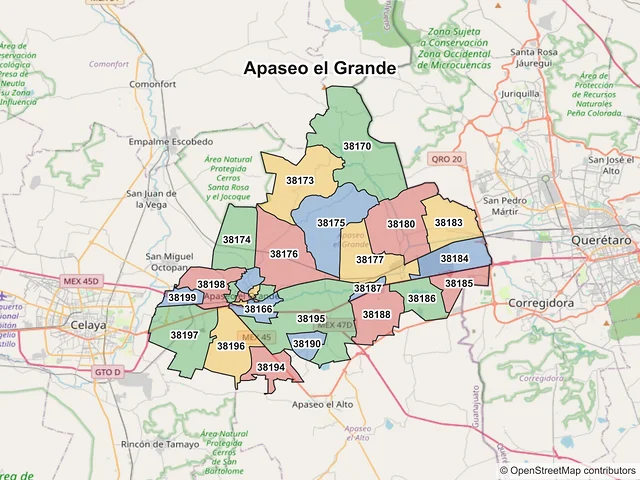 Mapa de códigos postales de Apaseo el Grande, Guanajuato