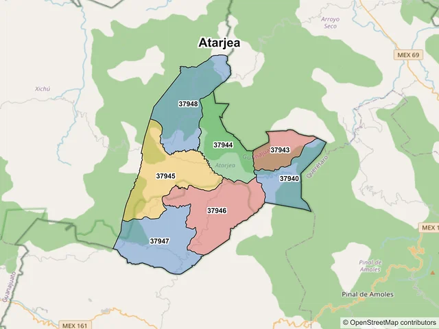 Mapa de códigos postales de Atarjea, Guanajuato