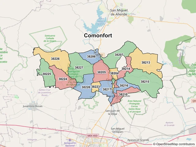 Mapa de códigos postales de Comonfort, Guanajuato
