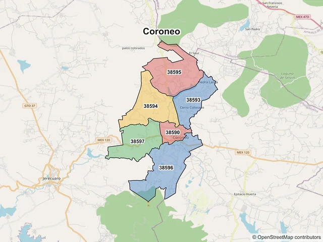Mapa de códigos postales de Coroneo, Guanajuato