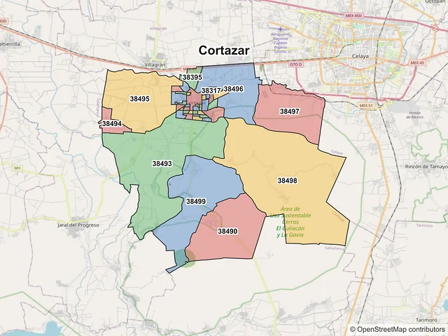 Mapa de códigos postales de Cortazar, Guanajuato