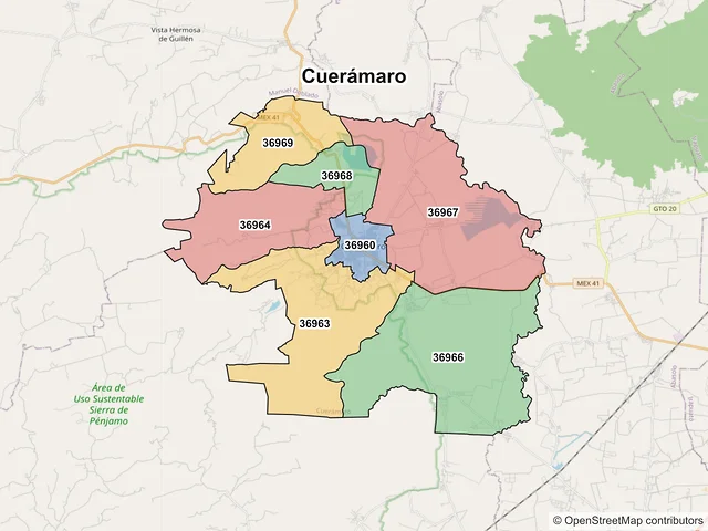 Mapa de códigos postales de Cuerámaro, Guanajuato