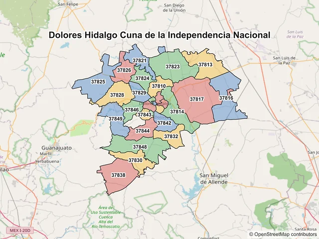 Mapa de códigos postales de Dolores Hidalgo Cuna de la Independencia Nacional, Guanajuato