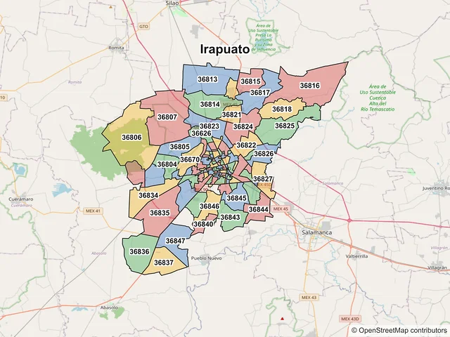 Mapa de códigos postales de Irapuato, Guanajuato