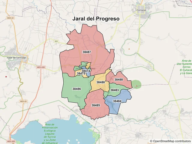 Mapa de códigos postales de Jaral del Progreso, Guanajuato