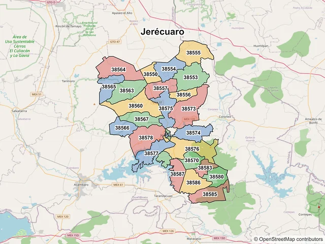 Mapa de códigos postales de Jerécuaro, Guanajuato