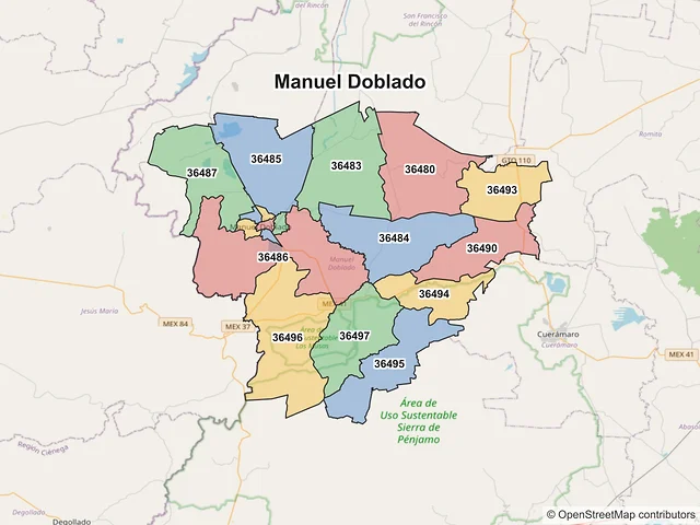 Mapa de códigos postales de Manuel Doblado, Guanajuato