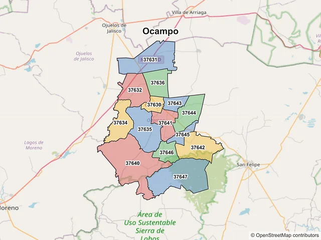Mapa de códigos postales de Ocampo, Guanajuato