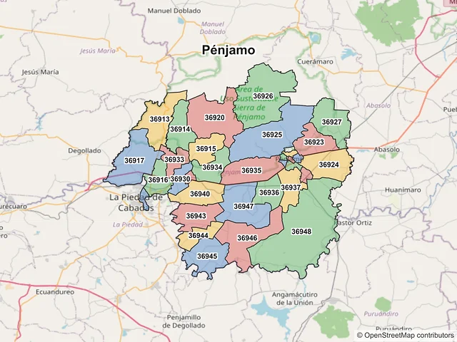 Mapa de códigos postales de Pénjamo, Guanajuato