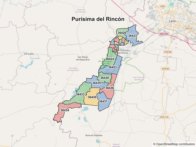 Mapa de códigos postales de Purísima del Rincón, Guanajuato