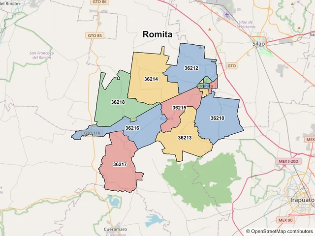 Mapa de códigos postales de Romita, Guanajuato