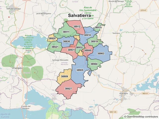 Mapa de códigos postales de Salvatierra, Guanajuato