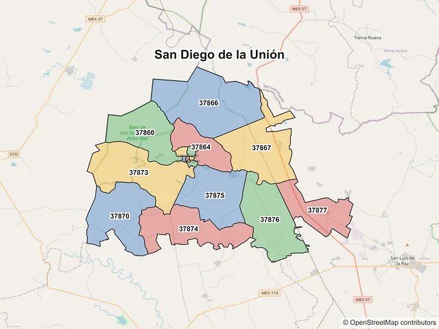 Mapa de códigos postales de San Diego de la Unión, Guanajuato