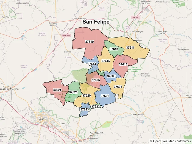 Mapa de códigos postales de San Felipe, Guanajuato