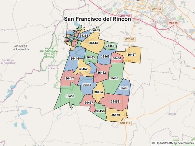 Mapa de códigos postales de San Francisco del Rincón, Guanajuato