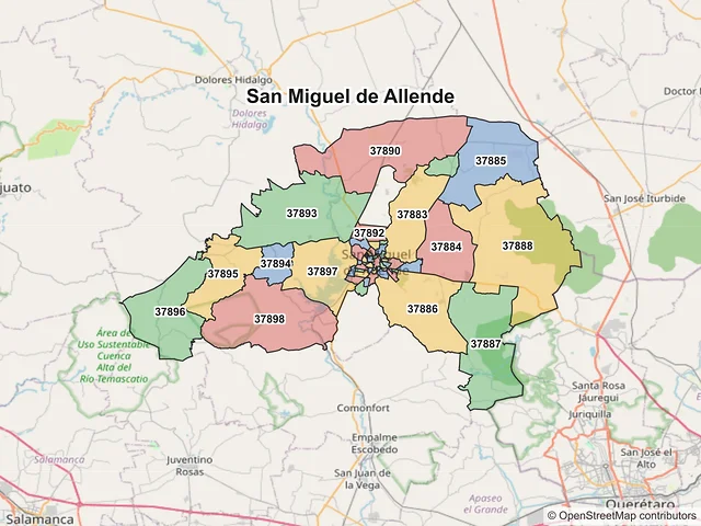 Mapa de códigos postales de San Miguel de Allende, Guanajuato