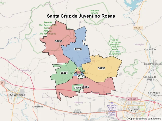 Mapa de códigos postales de Santa Cruz de Juventino Rosas, Guanajuato