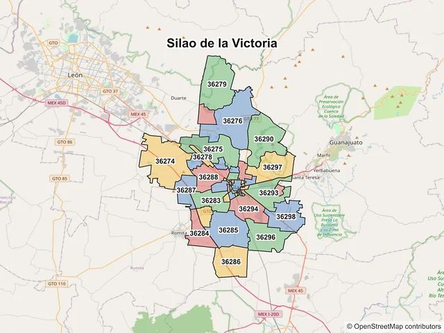 Mapa de códigos postales de Silao de la Victoria, Guanajuato