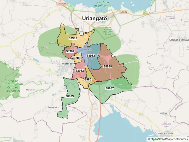 Mapa de códigos postales de Uriangato, Guanajuato