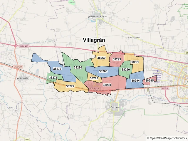 Mapa de códigos postales de Villagrán, Guanajuato