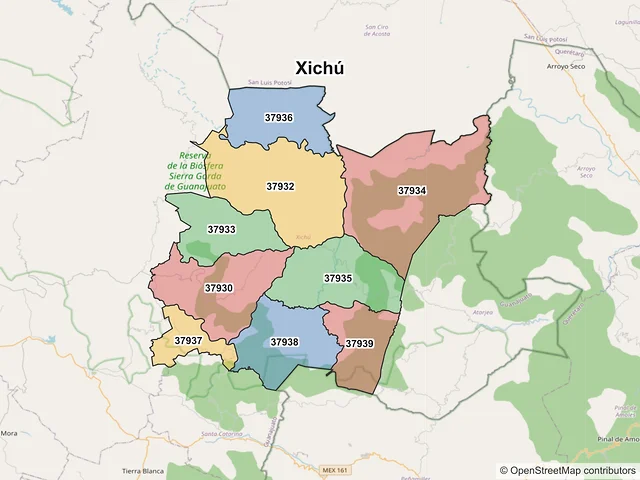 Mapa de códigos postales de Xichú, Guanajuato