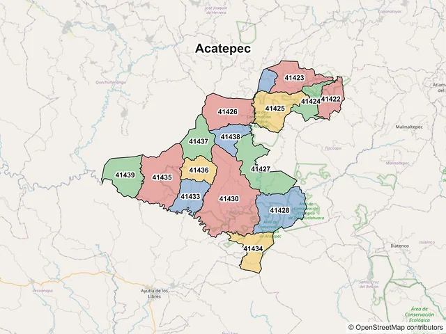 Mapa de códigos postales de Acatepec, Guerrero