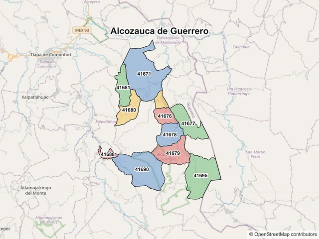 Mapa de códigos postales de Alcozauca de Guerrero, Guerrero
