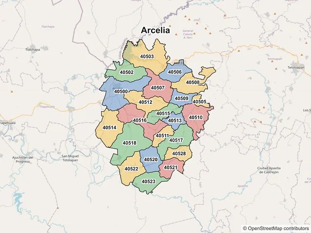 Mapa de códigos postales de Arcelia, Guerrero