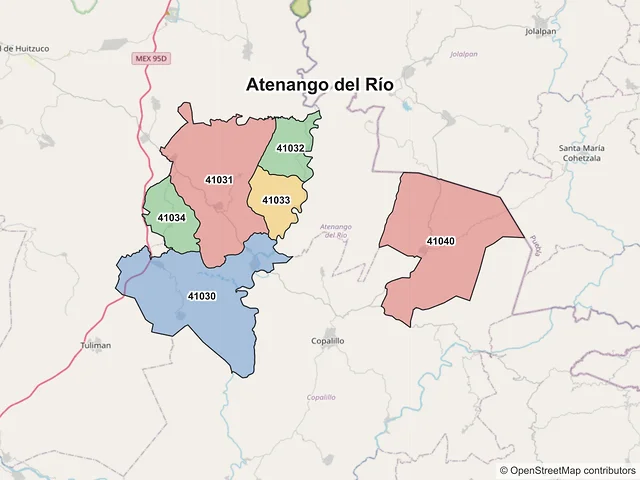 Mapa de códigos postales de Atenango del Río, Guerrero