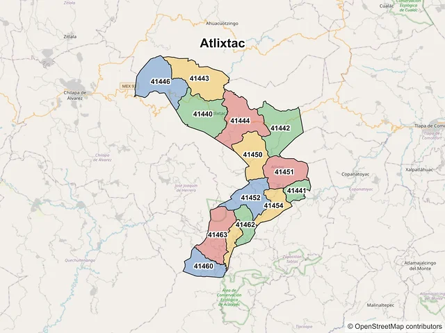 Mapa de códigos postales de Atlixtac, Guerrero
