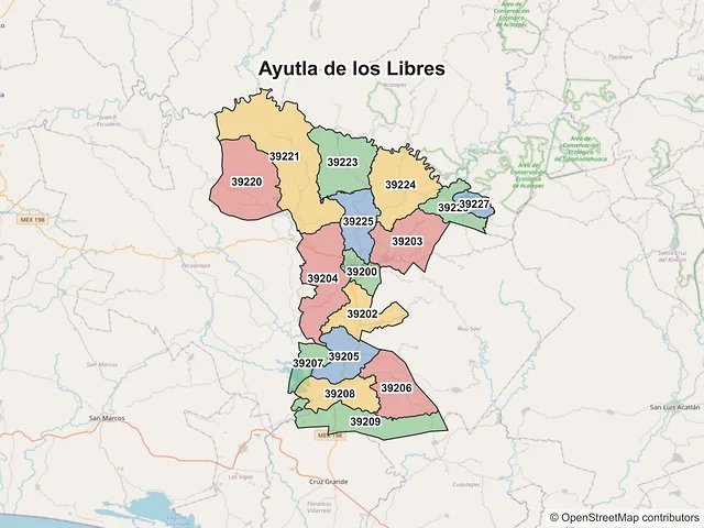 Mapa de códigos postales de Ayutla de los Libres, Guerrero