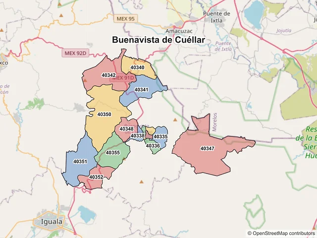 Mapa de códigos postales de Buenavista de Cuéllar, Guerrero