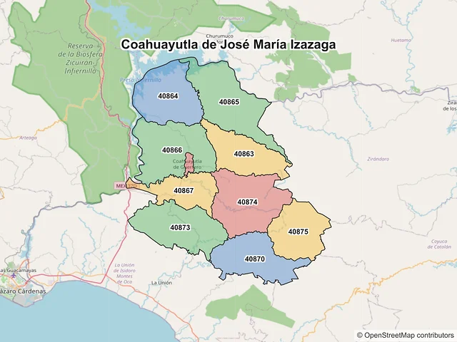 Mapa de códigos postales de Coahuayutla de José María Izazaga, Guerrero