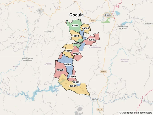 Mapa de códigos postales de Cocula, Guerrero